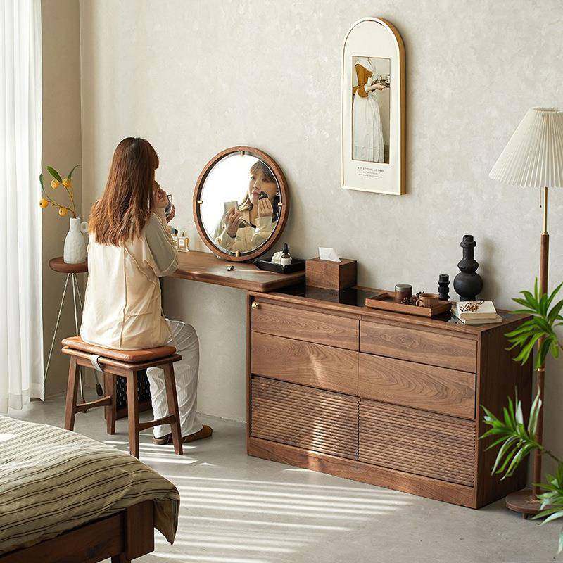 崇匠家具/实木梳妆台斗柜一体化妆桌收纳床尾柜黑胡桃卧室可移动