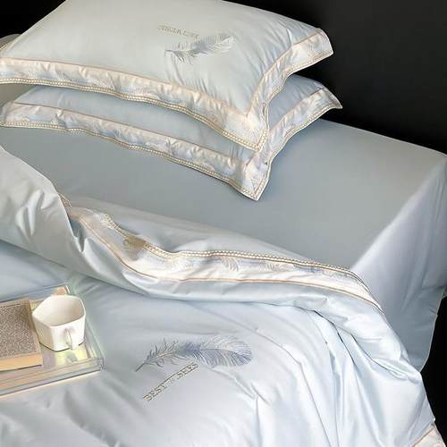 简约轻奢风四季双股澳棉全棉四件套羽毛刺绣纯棉被套1.8床上用品