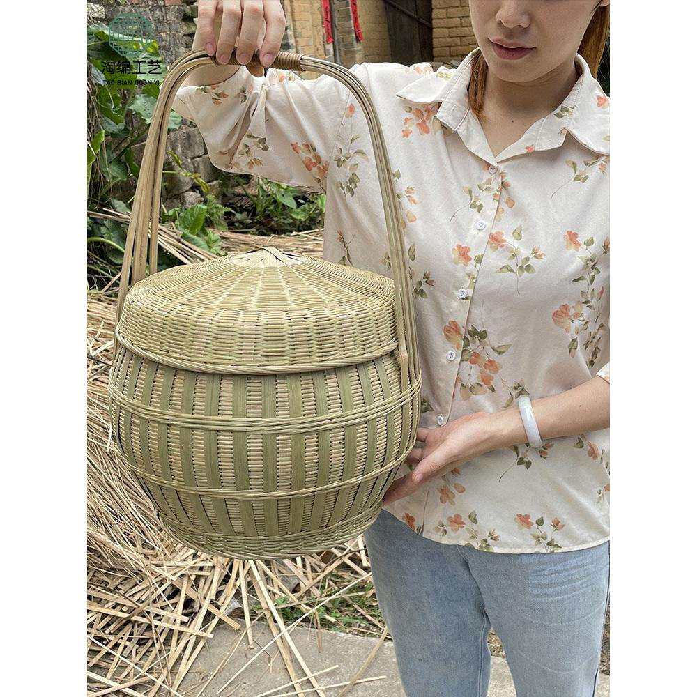 竹编制品大提篮双层提篮大容量野餐提篮拜神篮子复古收纳篮菜篮