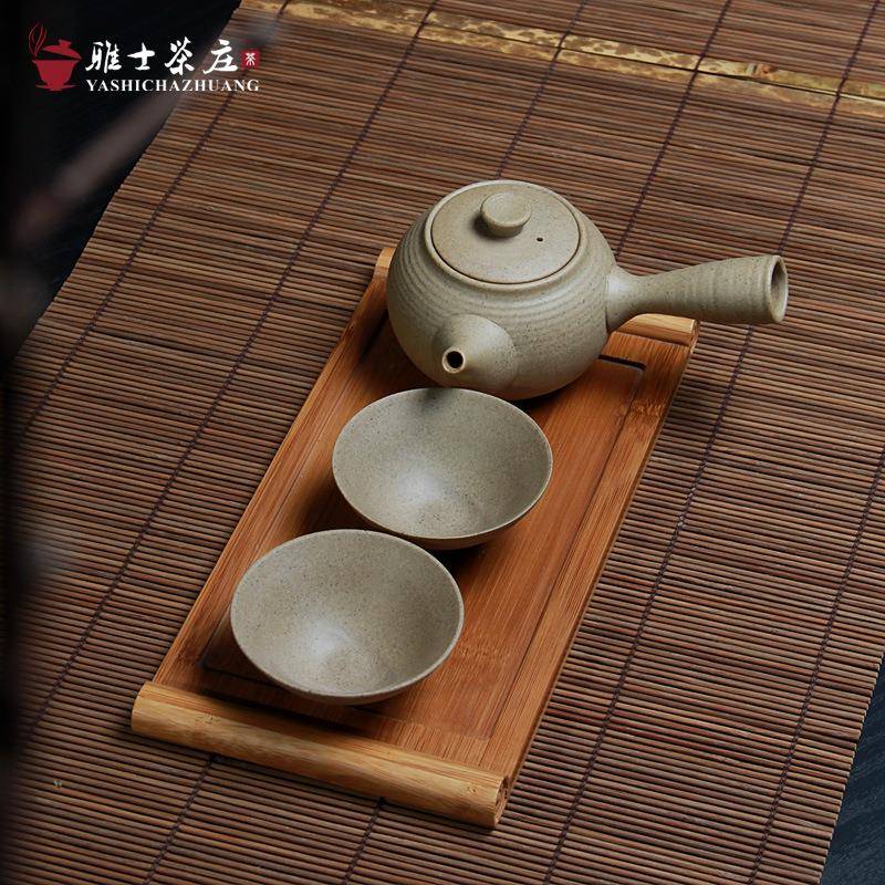 日式岩泥一壶两杯创意粗陶侧把壶茶具普洱快客杯旅行茶壶套装