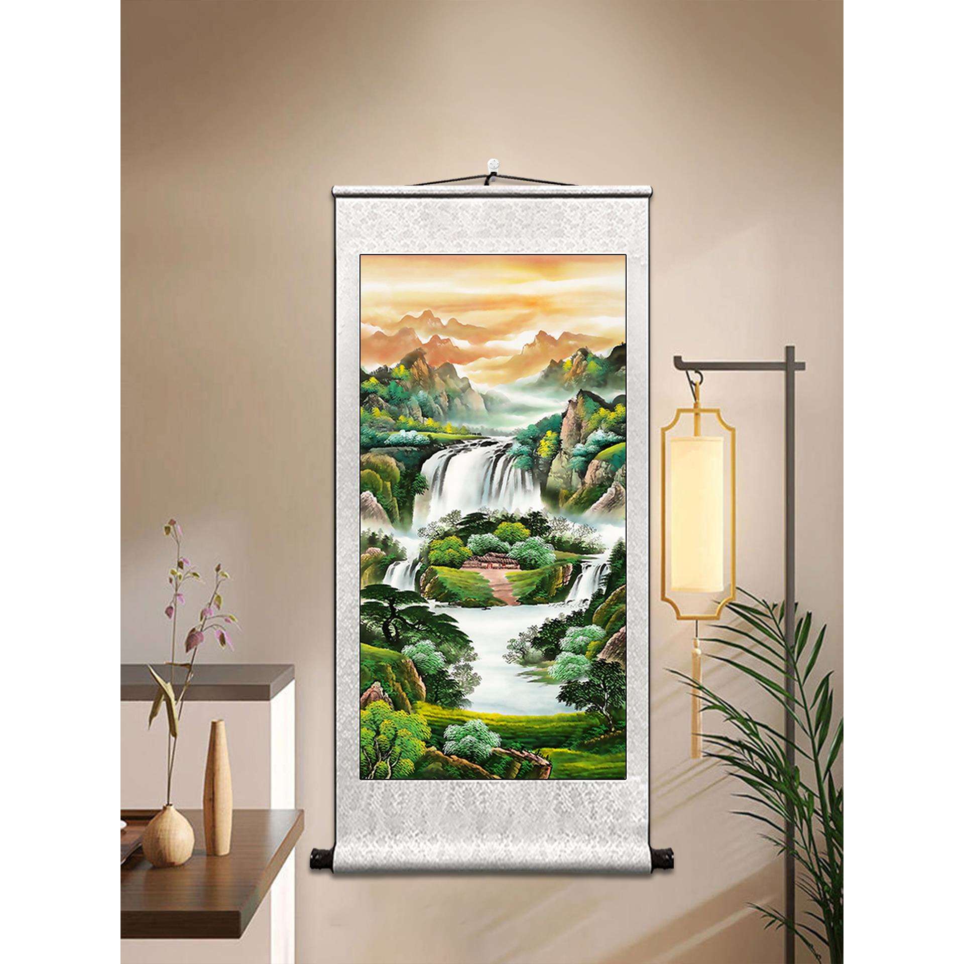 竖款西墙聚财山水画流水生财风景画玄关客厅卷轴聚宝盆装饰画