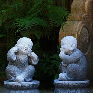 中式禅意三不止语小和尚摆件庭院花园创意装饰品仿石雕不说小沙弥