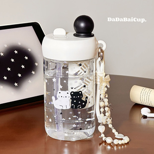 小猫双饮杯子塑料2026新款 女生高颜值耐高温茶水分离吸管水杯夏日