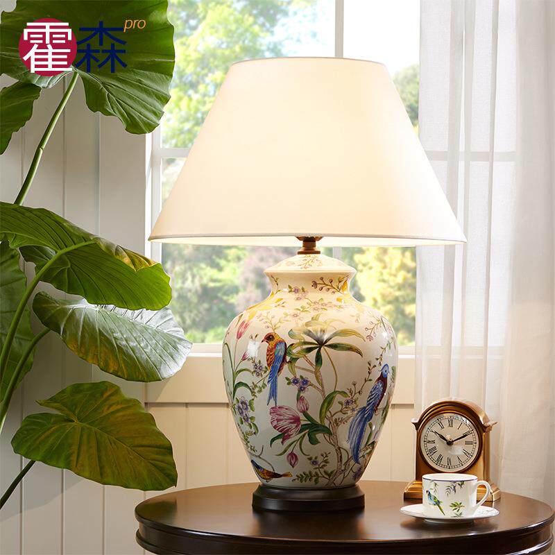 美式乡村田园花鸟台灯全铜陶瓷客厅卧室床头灯复古灯具田园复古