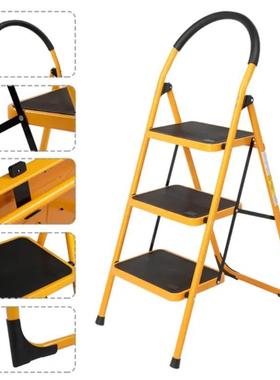 三步黄色家用铁梯子钢管人字梯三层防滑大踏板家用折叠梯单侧楼梯