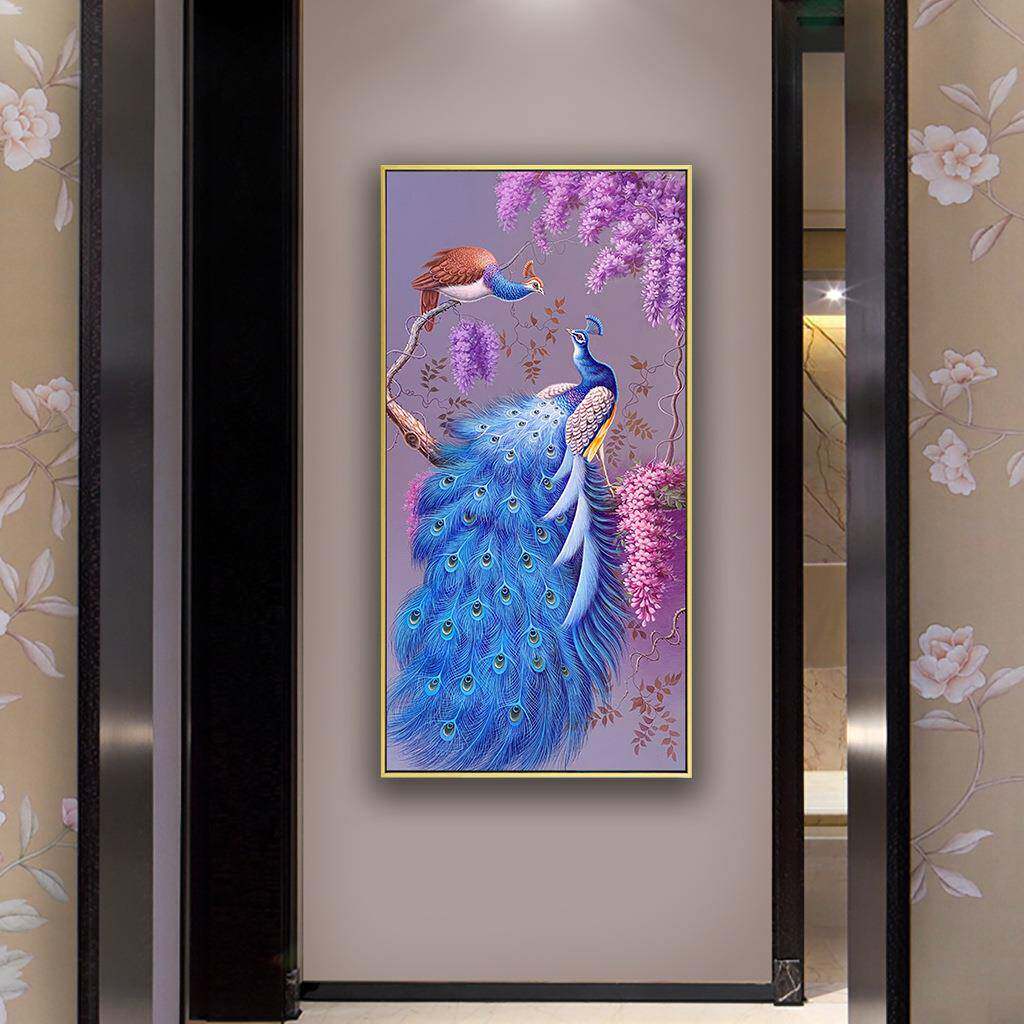 新中式手绘孔雀油画玄关装饰画客厅挂画美式过道竖版高端入户壁画