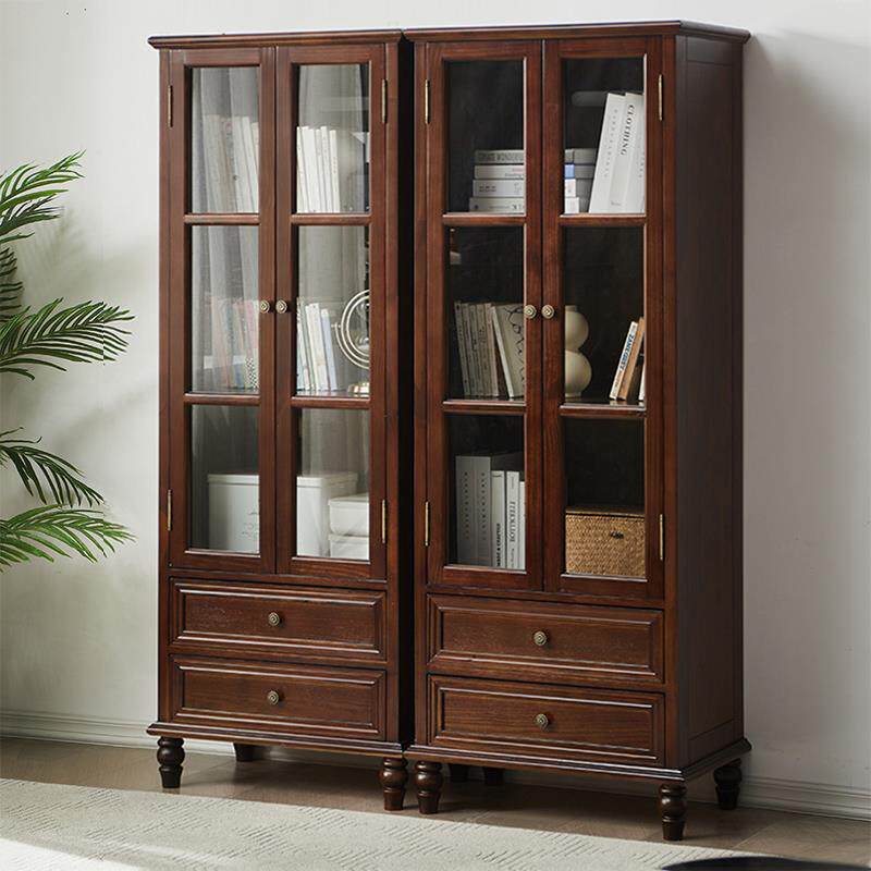 美式风全实木书柜两门书柜储物柜书房带玻璃带门书架落地书橱家用