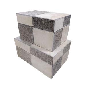 轻奢现代马毛拼色格子软装首饰盒样板间客厅卧室床头柜收纳盒摆件