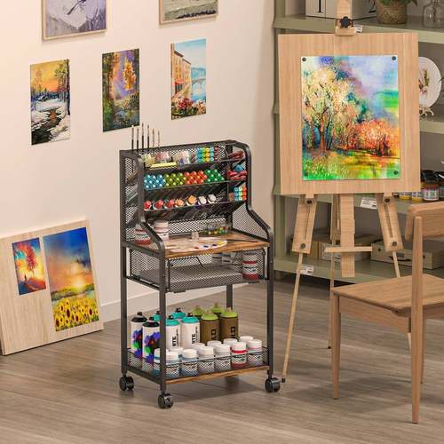 小推车置物架可抽拉移动工艺品置物架颜料画笔绘画工具多层收纳架