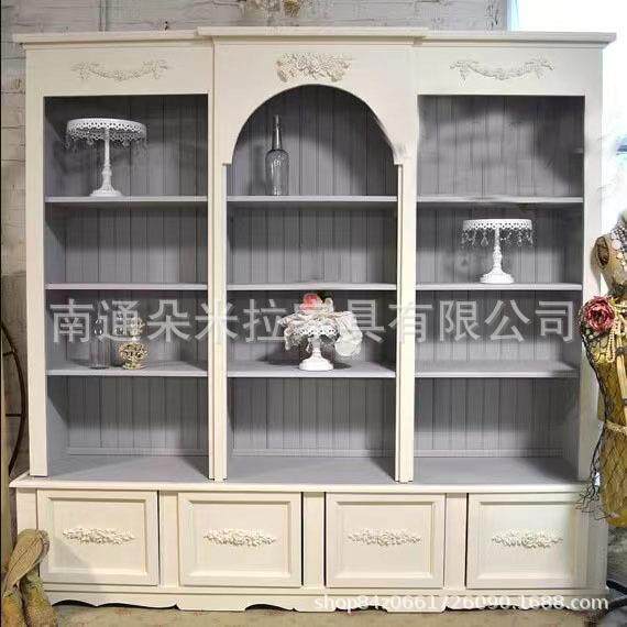 美式复古做旧轻奢彩绘小屋书柜法式仿古雕花敞开式拱形门书柜