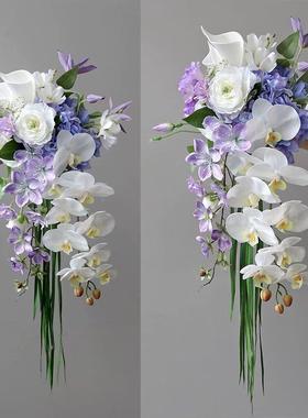 手新捧花瀑布垂真坠感娘花束结婚摄影仿花绿白030201假花家居台面