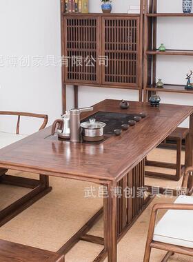 老榆木新中木式胡桃实茶桌椅组合茶道茶台泡茶桌餐功桌YGH桌夫黑