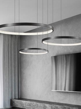 全铜客厅大气圆圈吊灯现代简约主卧灯黑色创意环形餐厅led吊灯