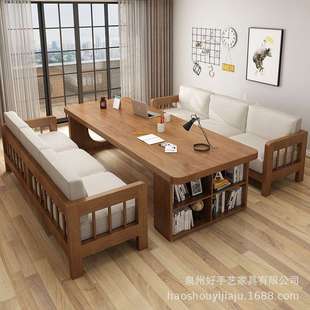 实木长桌子工作台家用客厅双人学习书桌书柜一体现代简约办公学习