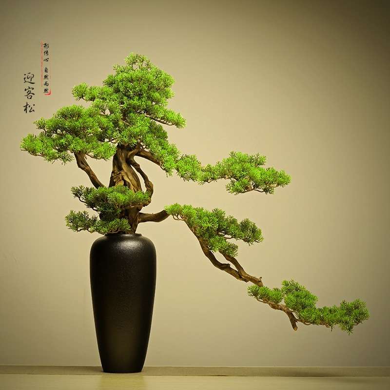 新中式仿真迎客松盆景枯山水绿植植物家居室内松树软装装饰品突贸