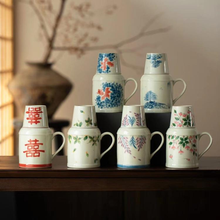 泥人述 草木黄手绘一壶一杯焖茶壶 釉下彩紫藤桃花凉水壶凉茶杯