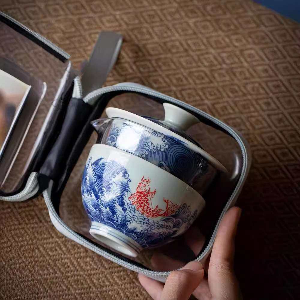 青花瓷快客杯一壶二杯旅行茶具套装车载便携式茶杯泡茶户外露营