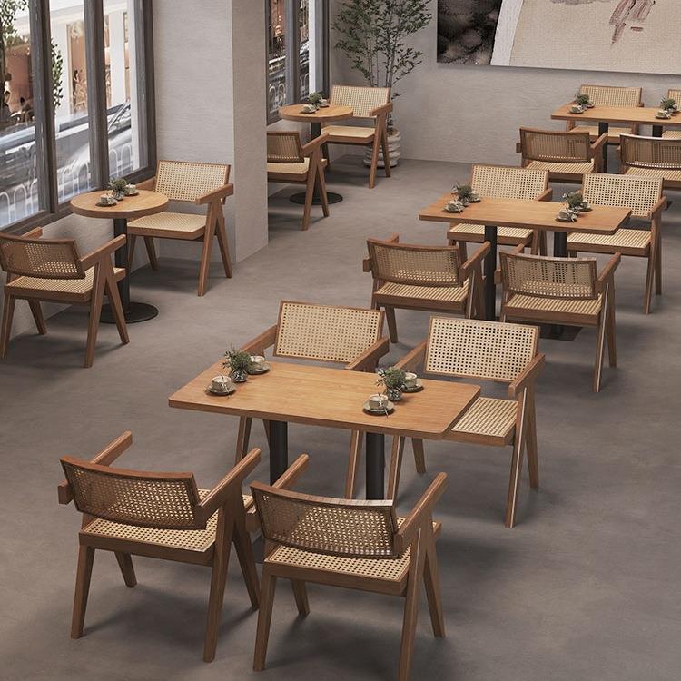 简约咖啡厅实木桌椅卡座组合西餐厅长桌奶茶店自选餐厅橡木实木椅