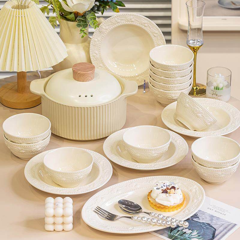 法式浮浮雕玫瑰套雕陶瓷具套装用奶油黄碗碟盘组家合全碗筷礼品套