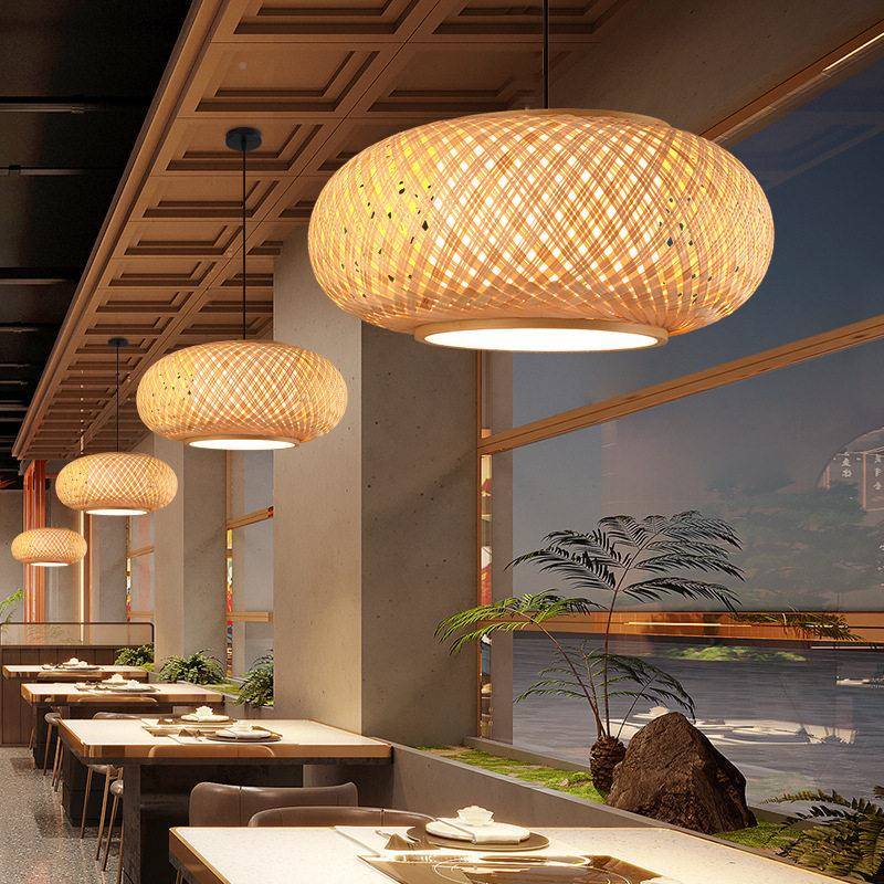 编灯式灯笼餐厅餐饮店650铺藤艺日草帽竹灯罩茶室灯新中式吊竹艺