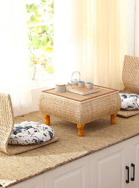 桌9C草飘窗小桌子日式编榻榻米茶几桌实木XAF收纳小方藤编炕矮桌