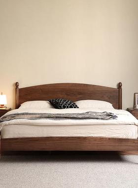 美式复人古木床胡桃木1.5单简实约主卧黑1.8米法式双人床中古WUF