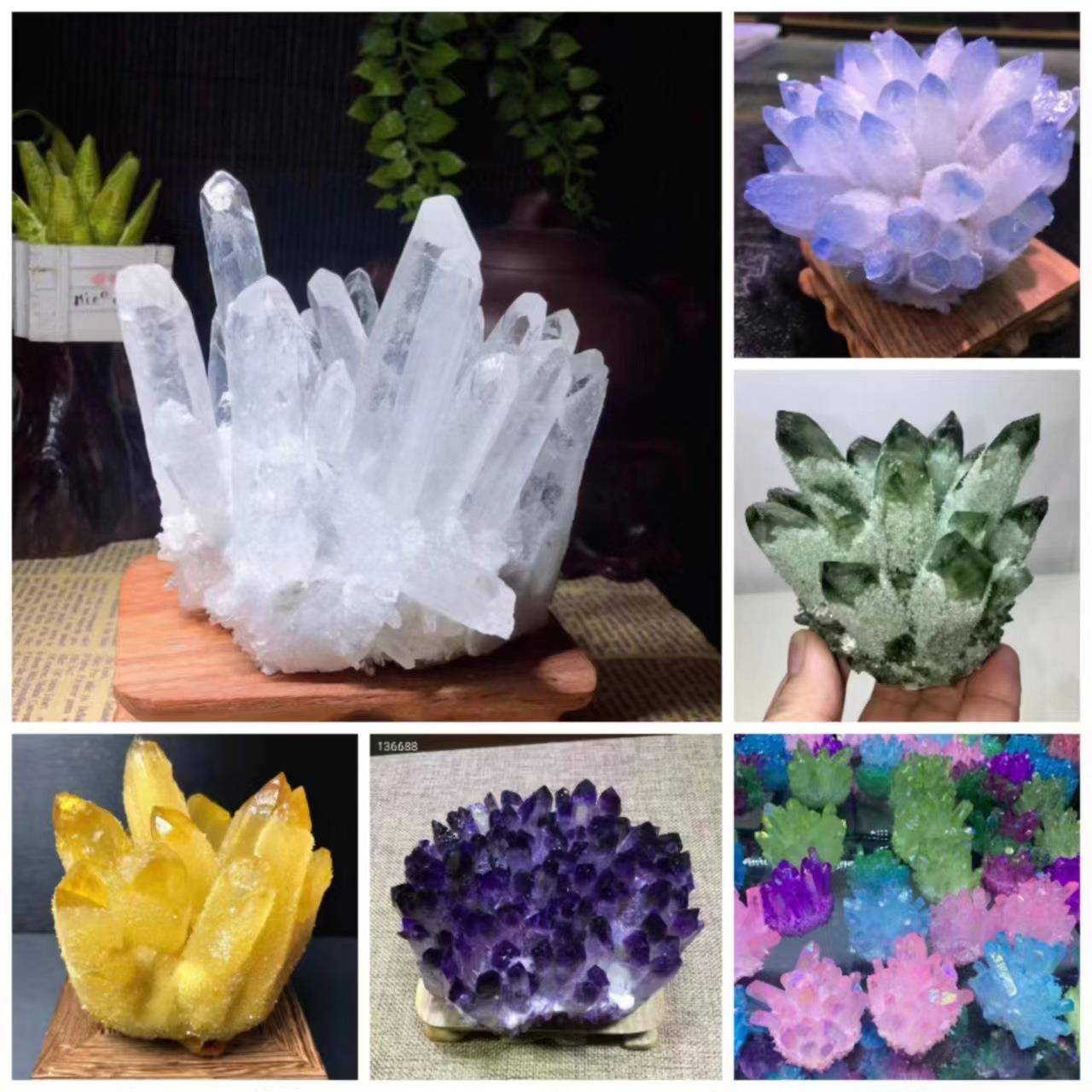 白水晶簇摆件黄水晶紫水晶绿幽灵彩色水晶花原石水晶柱能量石消磁