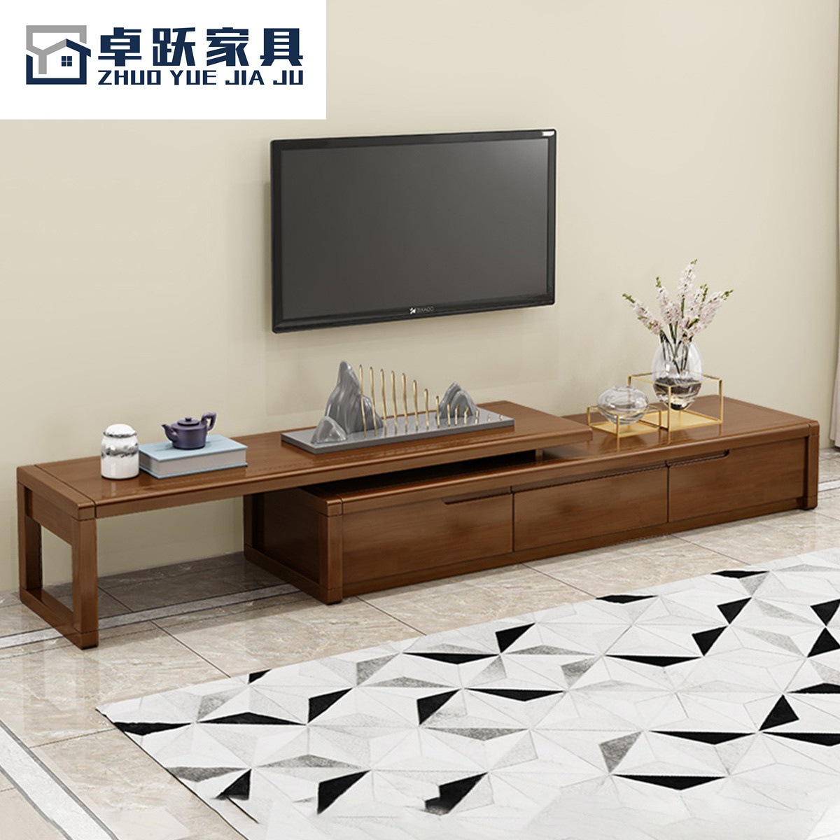 新中式现代简约实木电视柜组合小户型客厅可伸缩视听柜地柜储物柜