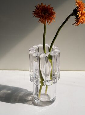 OOOOH!简约现代风竖纹花瓶透明水晶玻璃花器果盘桌面摆件