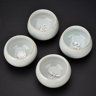 五大名窑官窑镶银茶杯单杯锔银主人杯官窑陶瓷品茗杯茶具品茗茶盏