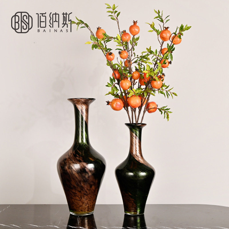 新中式高档黑金孔雀绿玻璃果盘创意仿陶瓷桌面插花水培软装饰摆件