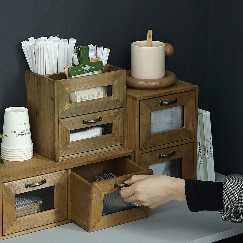 桌面收纳盒抽屉式 复古木质小木盒 原木做旧杂物箱U 咖啡豆整理盒