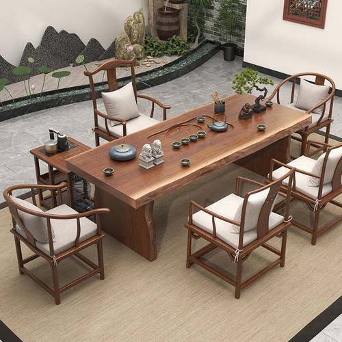 新中式大板实办洽木泡茶桌家用待实木ZAH茶桌茶台酒店接谈桌公会