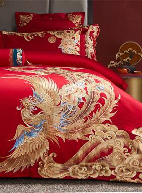 端新款14高0全棉贡缎提HFT02S花刺绣婚庆多件套嫁双股长绒棉醉美