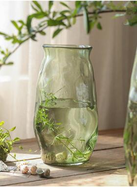 绿色不则锤纹玻花瓶设计感文艺复古规璃桌水养餐鲜花透明插花ali-