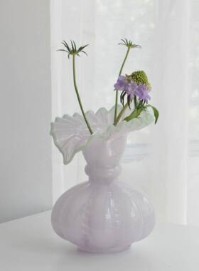 油芬奶风绿色玻璃花瓶法式浪漫复古芍药花器透明顿插WCC水养花