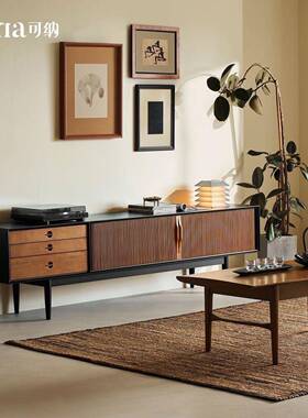 物实木电视客厅黑色复古古风家用储柜现QQO代柜小户型北欧简约电