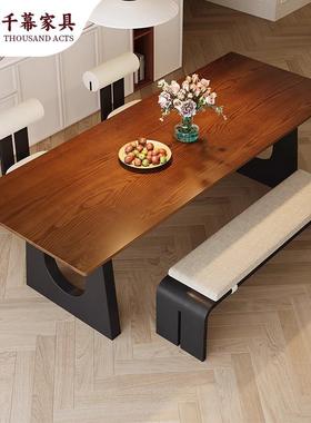 用千客慕中古风实木餐桌厅家书白桌靠WY250526墙吃饭桌蜡木岛台餐