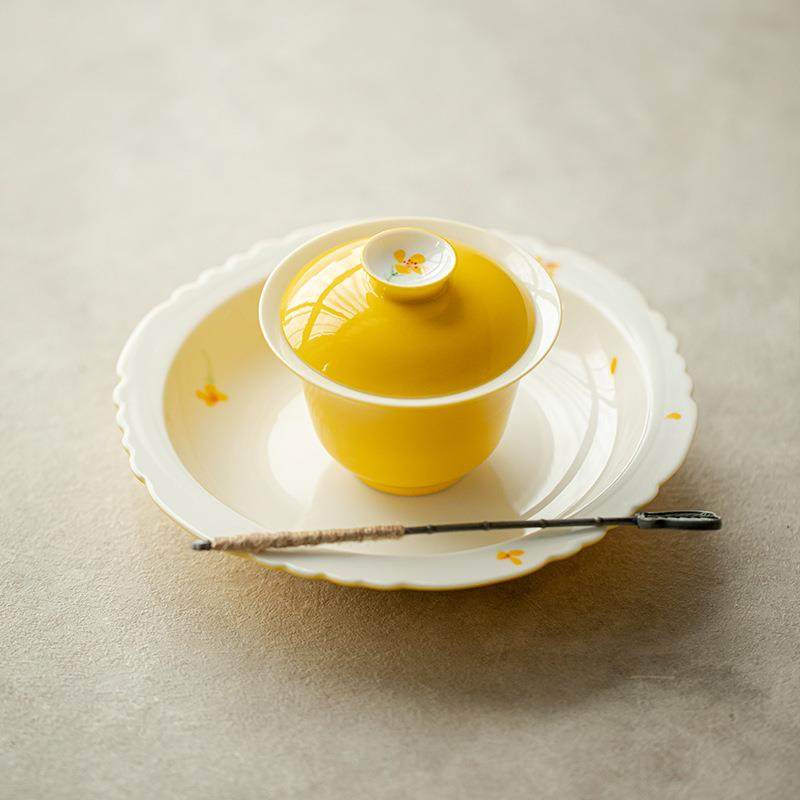 手绘承釉具下xhhhc彩小黄花茶点壶盘盖碗底托家干用轻奢功夫茶陶