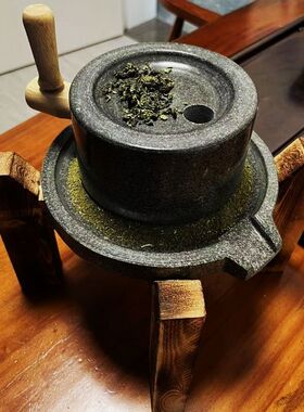 天然青石家用小石磨盘手工斗茶具抹茶石磨幼儿园儿童手摇小石磨盘