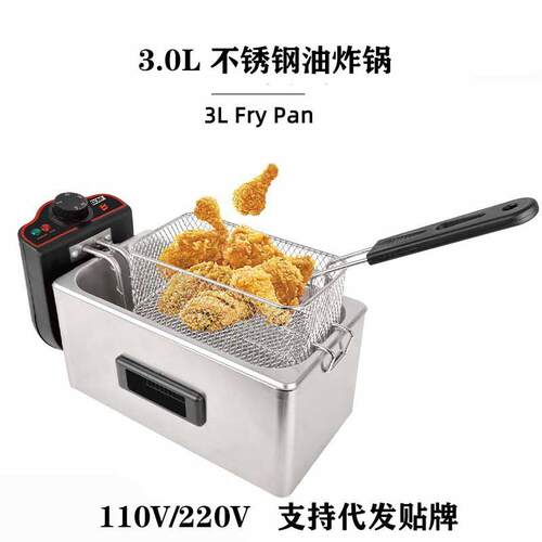 110V温控3.0L不锈钢油炸锅家庭大容量薯条电炸炉带炸网FryPan