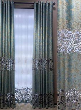 新绣款欧式客厅豪32576阳华蓝色绒布布镂空花窗帘纱帘台落地窗料