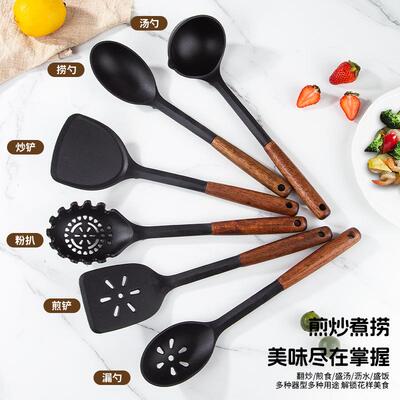 新款木柄胶厨BX15硅具7件装带锅收纳架耐高温不粘专用烹饪套勺铲