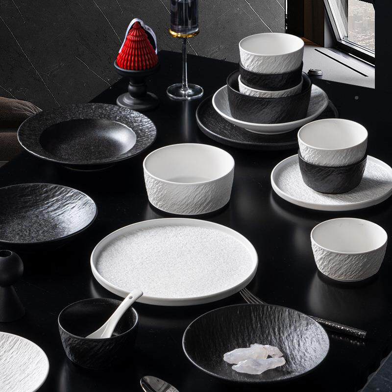 黑白岩板Z1204下高端碗碟瓷套装家用陶具釉餐彩碗盘子套装乔迁礼