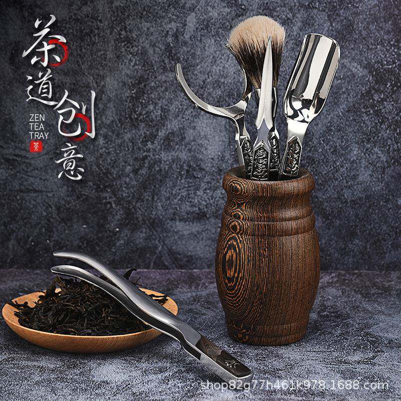 厂家直销不锈钢泡茶工具茶针夹茶功创意龙纹黑檀茶道夫具配件茶六