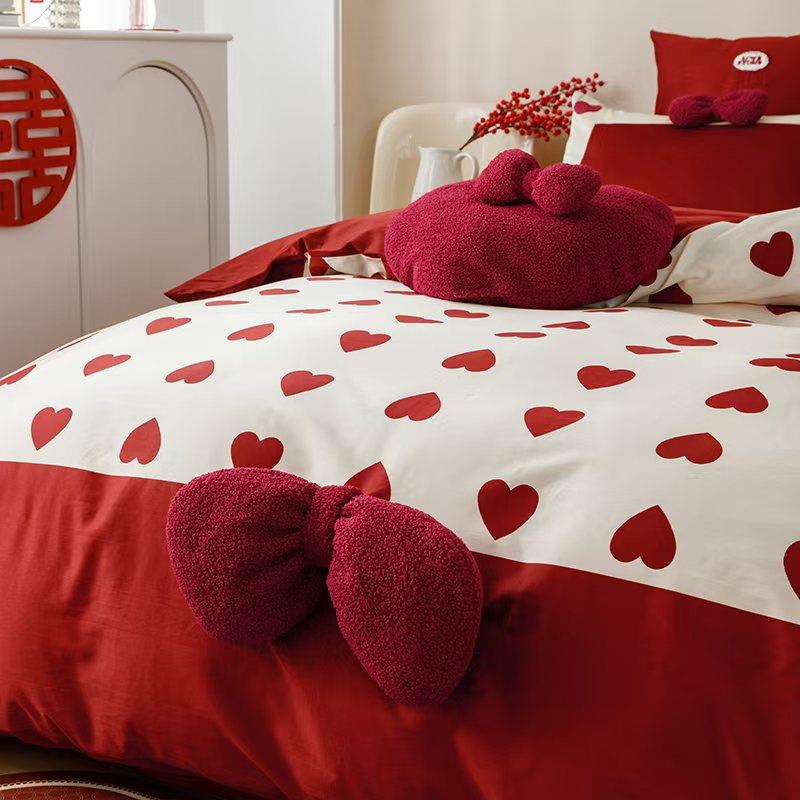 100支长绒结婚红纯棉四套婚庆大色床单喜XN被婚嫁被套床件上用棉