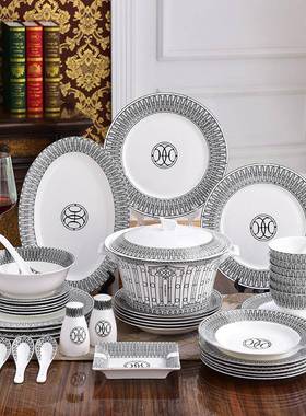 TB-64189包邮欧式奢华H家骨瓷餐套勺装具58头陶西瓷餐具盘子碗咖