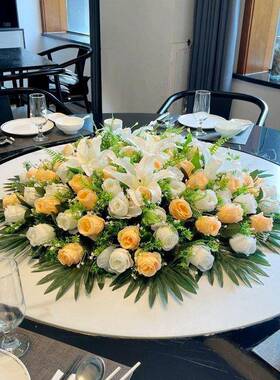 摆高档大型酒店餐厅桌花圆桌摆花仿真花餐台转盘中间放花假453456