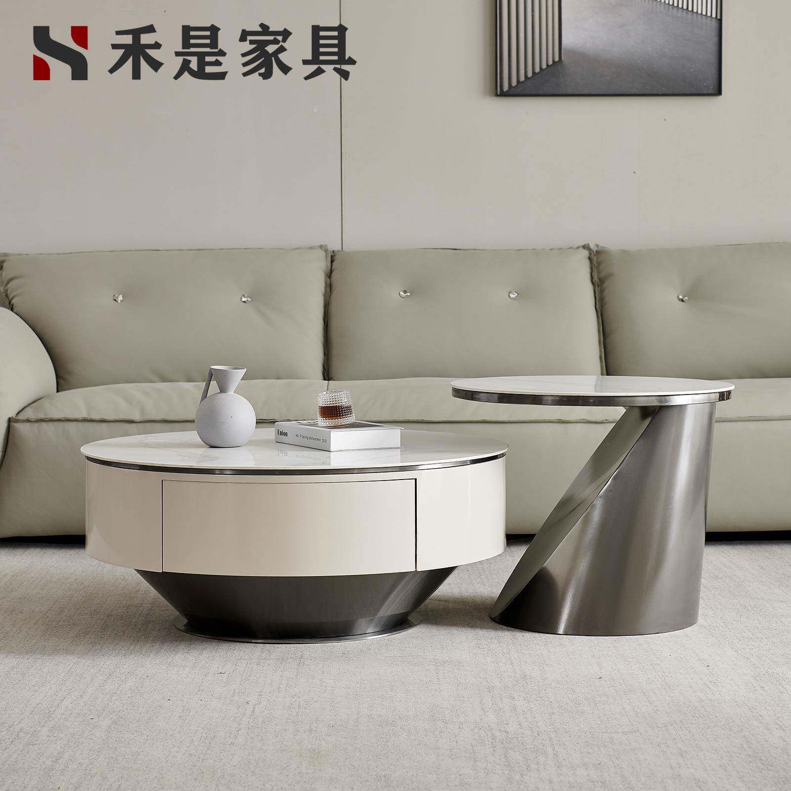 意式轻奢现代简约高端不锈钢岩板圆茶几电视柜组合小户型客厅家用
