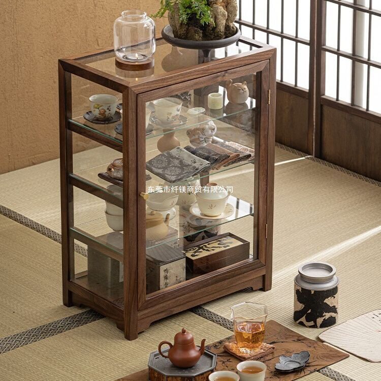 透明玻璃文玩展示柜落地一体胡桃木收纳柜子桌面实木置物柜储物柜